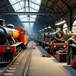 **Inside a Railway Workshop:** A bustling railway workshop scene. Focus on the interior with vintage train engines, mechanics working with tools, spare parts scattered around, and bright workshop lighting. Capture the busy atmosphere and the intricate details of the engine components.