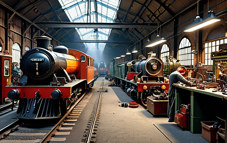**Inside a Railway Workshop:** A bustling railway workshop scene. Focus on the interior with vintage train engines, mechanics working with tools, spare parts scattered around, and bright workshop lighting. Capture the busy atmosphere and the intricate details of the engine components.