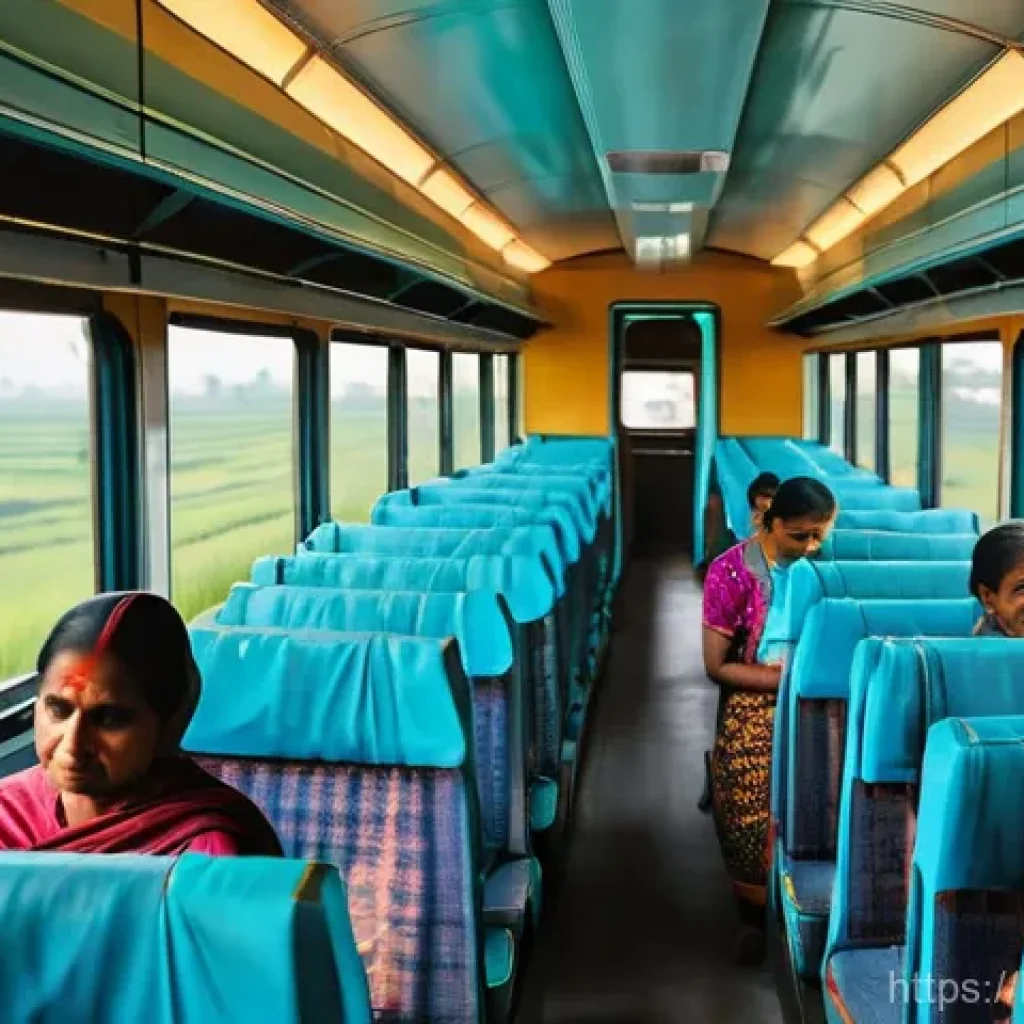 철도 용어 사전 - **Prompt:** A vibrant and clean interior of a modern broad-gauge train coach in Bangladesh. Sunlight...