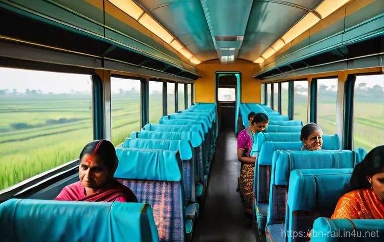 철도 용어 사전 - **Prompt:** A vibrant and clean interior of a modern broad-gauge train coach in Bangladesh. Sunlight...