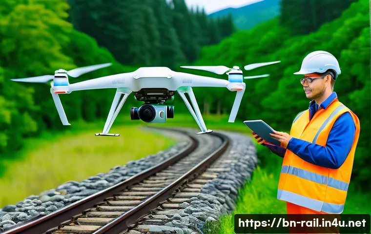 철도기사와 AI 기술의 융합 사례 - **Prompt: "An advanced AI-powered drone diligently inspecting a pristine railway track winding throu...