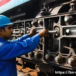 철도 차량 고장 진단 사례 - A detailed close-up of a modern railway engine’s mechanical components showing pistons, belts, and g...