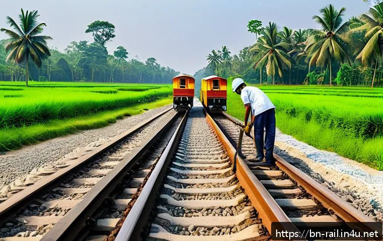 철도 유지보수 실무 팁 - A detailed scene of a railway maintenance team conducting daily visual inspection on a railway track...