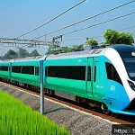 Home 22 철도 안전사고 예방 사례 - A high-tech railway scene featuring smart sensors installed along the train tracks, capturing real-t...