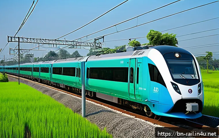 철도 안전사고 예방 사례 - A high-tech railway scene featuring smart sensors installed along the train tracks, capturing real-t...
