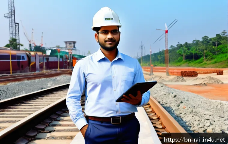 철도기사와 학력 조건 - A professional Bengali railway engineer wearing a clean, formal shirt and trousers, standing confide...