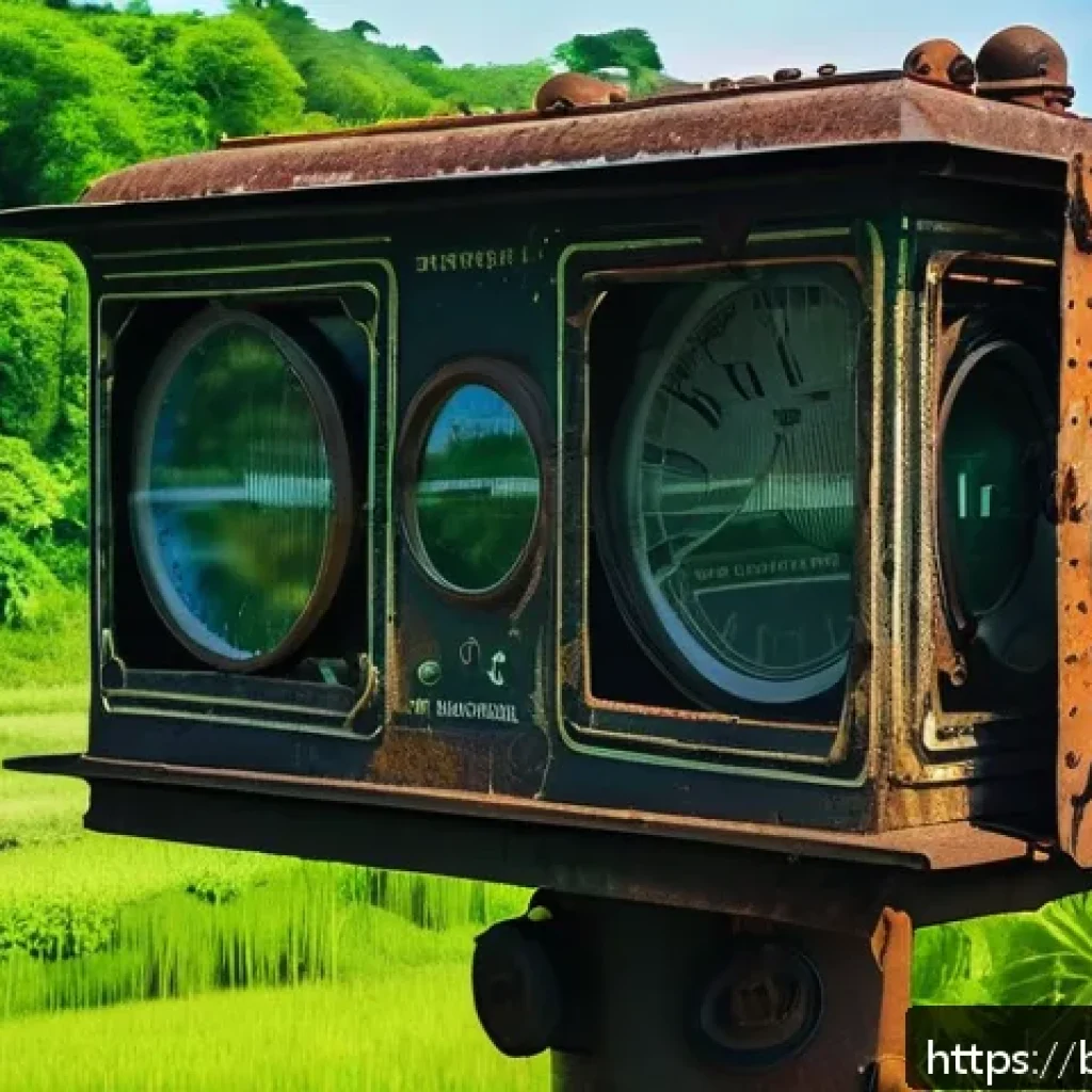 철도 신호장치 고장 사례 - A detailed close-up of an old railway signal system showing weathered mechanical parts with rust and...