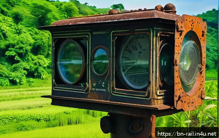 철도 신호장치 고장 사례 - A detailed close-up of an old railway signal system showing weathered mechanical parts with rust and...