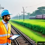 Home 23 철도 유지보수의 디지털 전환 - A high-tech railway inspection scene in rural Bengal, featuring a Bengali railway engineer monitorin...