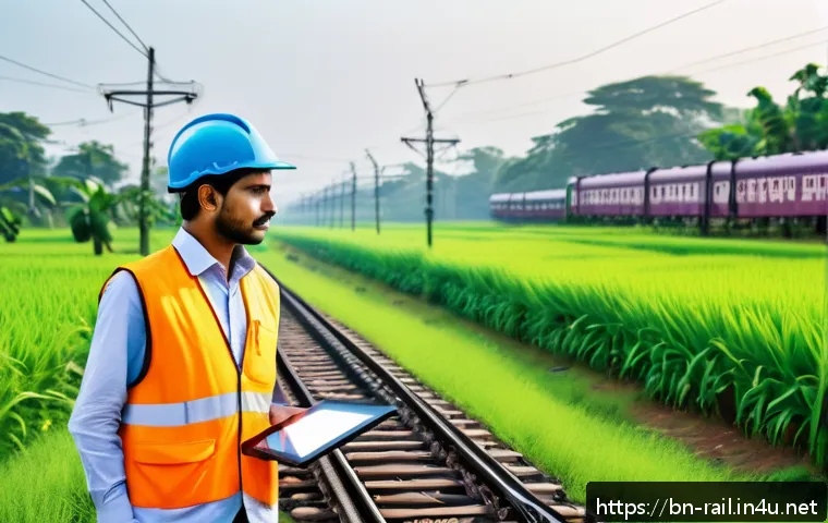 철도 유지보수의 디지털 전환 - A high-tech railway inspection scene in rural Bengal, featuring a Bengali railway engineer monitorin...