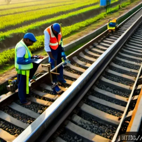 철도 유지보수 비용 절감 방안 - Photorealistic aerial view of a modern railway maintenance team in Bangladesh using a compact track-...