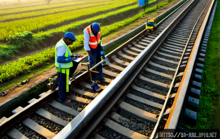 철도 유지보수 비용 절감 방안 - Photorealistic aerial view of a modern railway maintenance team in Bangladesh using a compact track-...