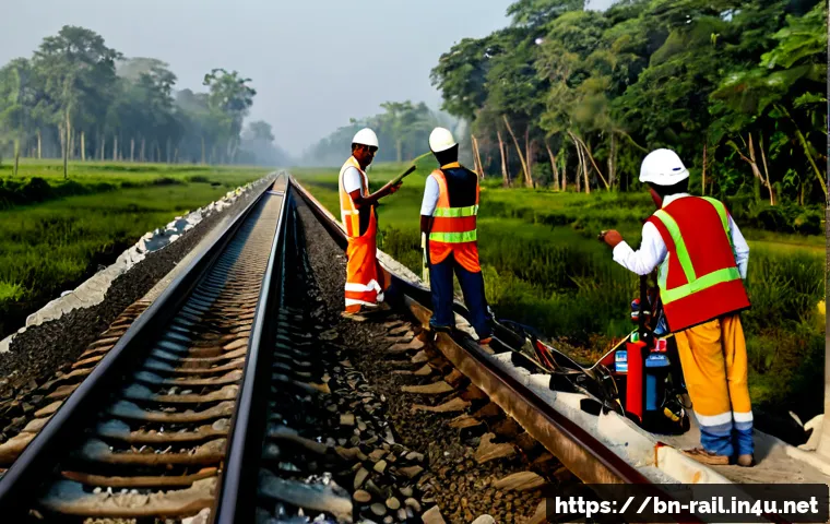 철도 실무 문제 해결 능력 키우기 - Photorealistic Bangladeshi railway maintenance team solving a track alignment issue beside a rural r...